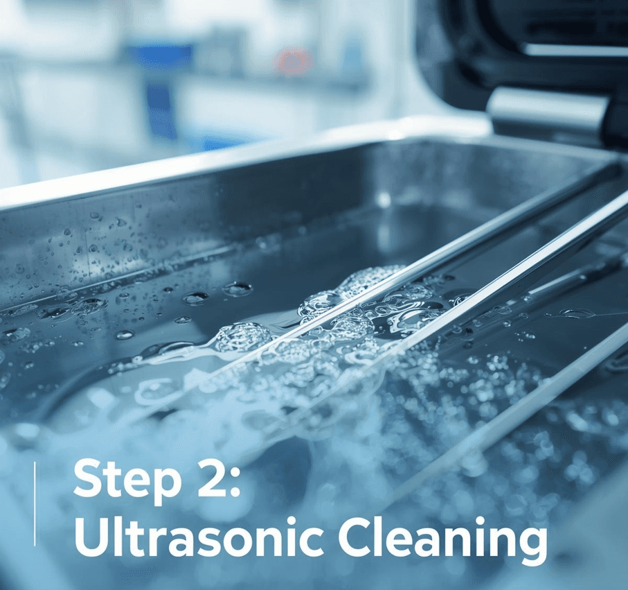 Surgical instruments in ultrasonic cleaning bath
